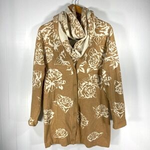Isaac Mizrahi‎ Live Tan White Rose Floral Cardigan Coat with Scarf Womens Large